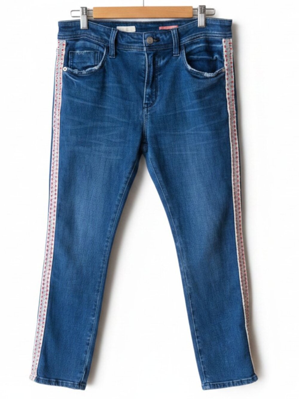Pilco Straight Jeans Size 30 Petite with Red/White/Blue Trim stripe Distressed